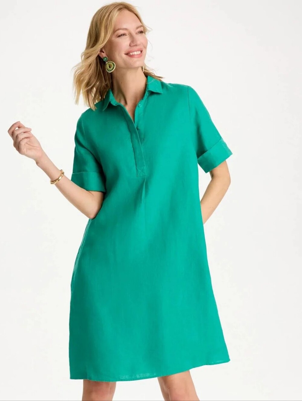 100% Linen Size 4 Chico's Teal Button-Front Collar Dress Summer|Coastal|Vibrant